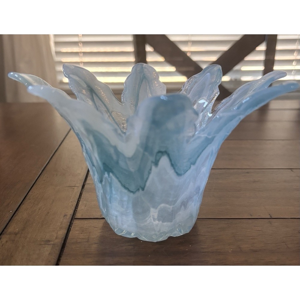 Slag Art Glass Ice Blue White Swirl Marbled Flame Tulip Petal Flared Bowl/Votive